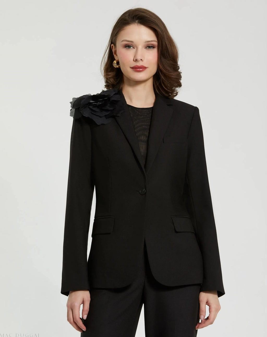 Black Classic Crepe Blazer Jacket With Flower