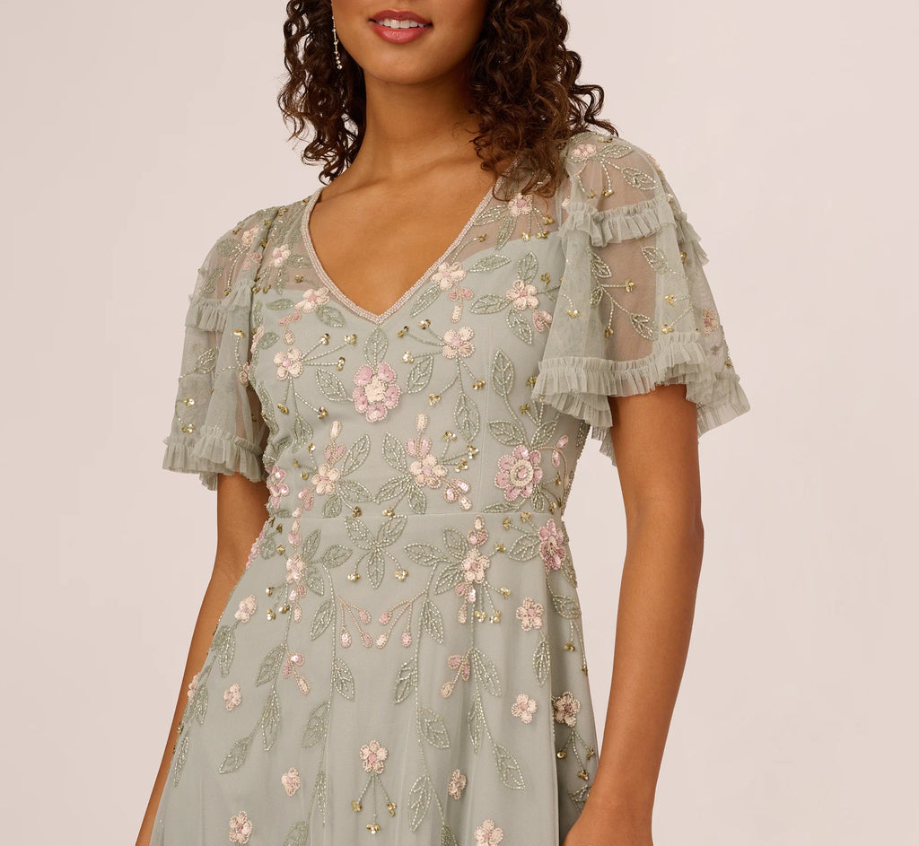 Beaded Midi Dress With Sheer Ruffled Sleeves In Frosted Sage