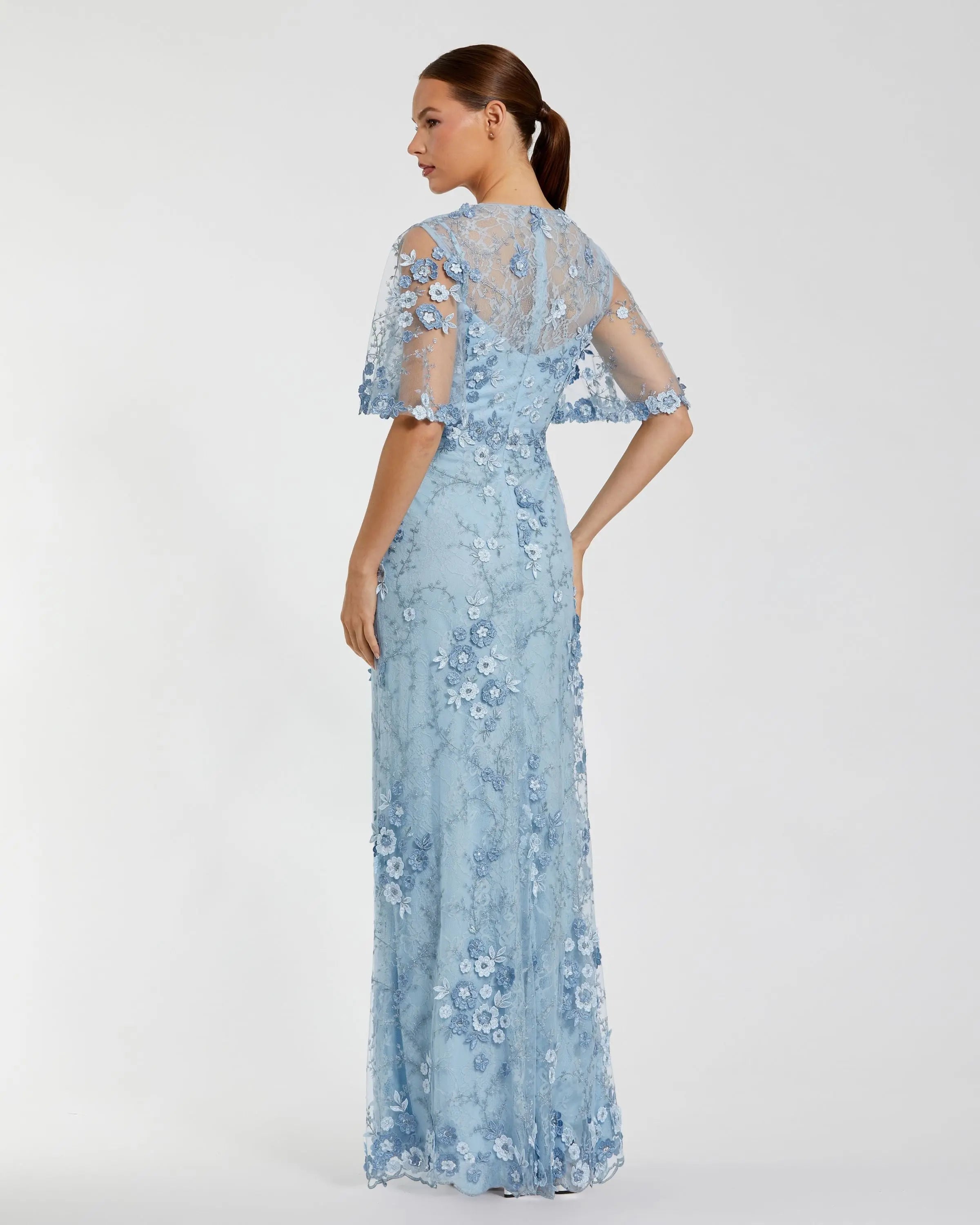 Blue Flutter Sleeve Floral Embroidered Net Gown