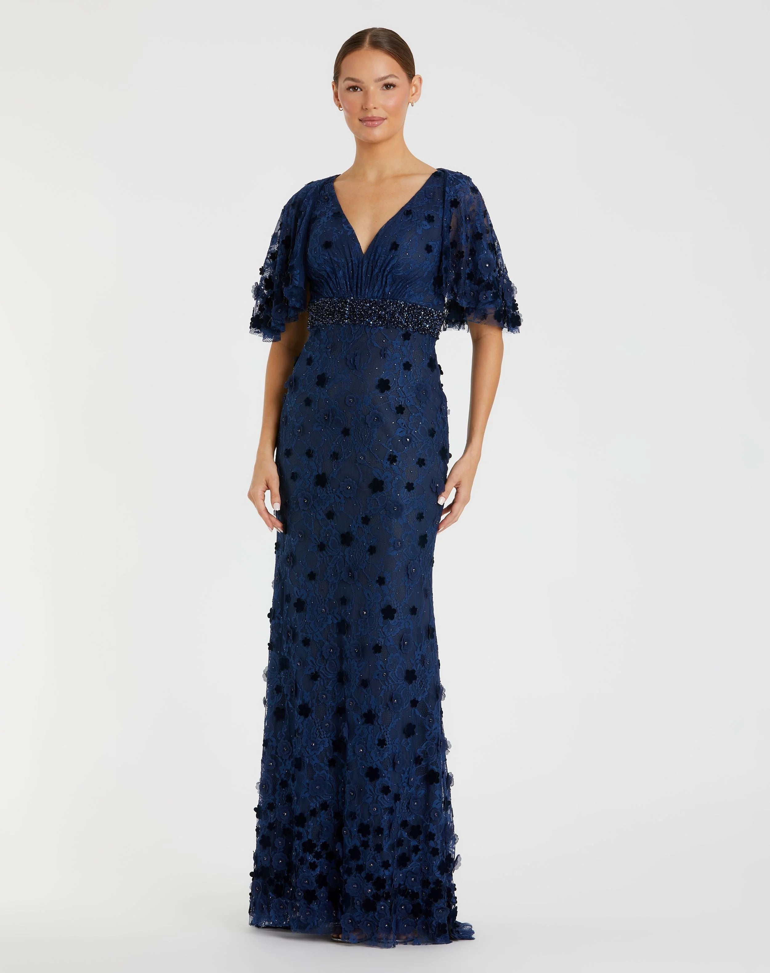 Navy Flutter Sleeve Embellished Lace Gown