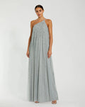 Green One Shoulder Embellished Trapeze A Line Gown