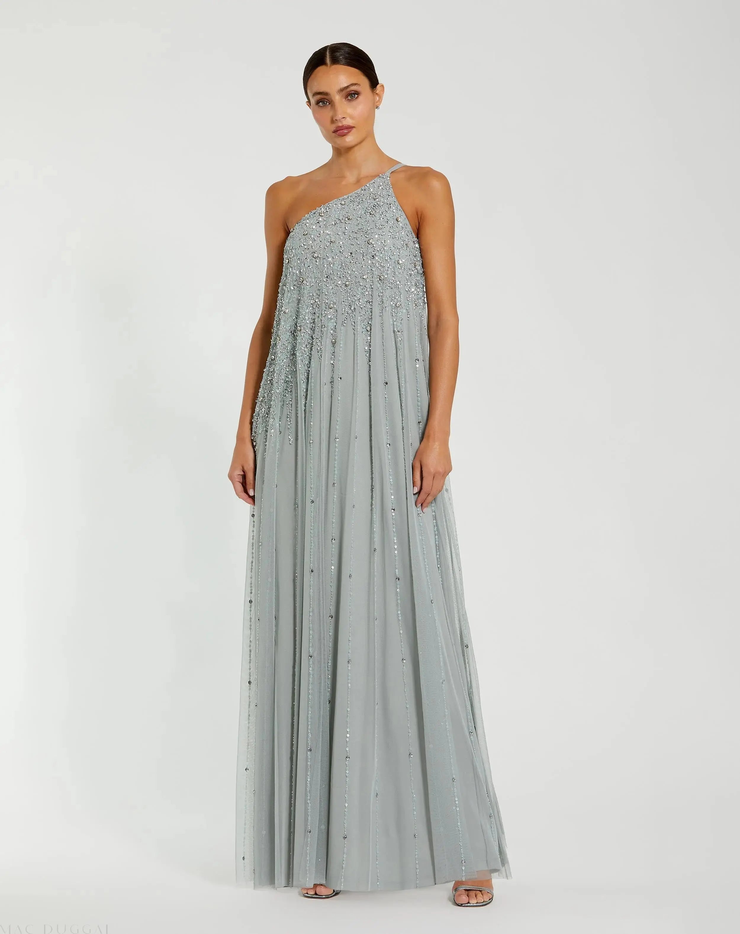 Green One Shoulder Embellished Trapeze A Line Gown