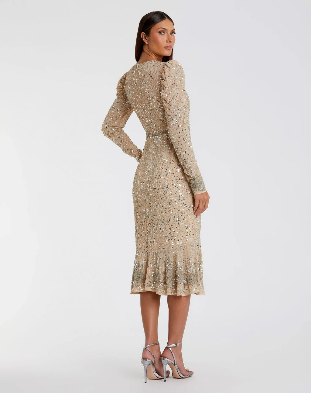 Beige Sequin Dress with Beaded Hemline and Belt