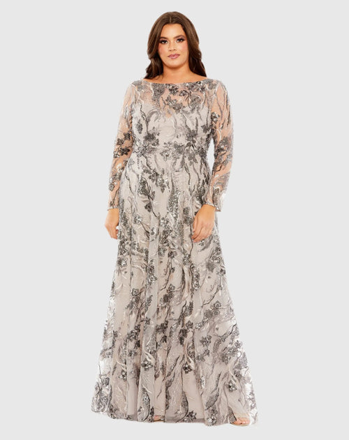 Beige Embroidered Long Sleeve A Line Gown (Plus)