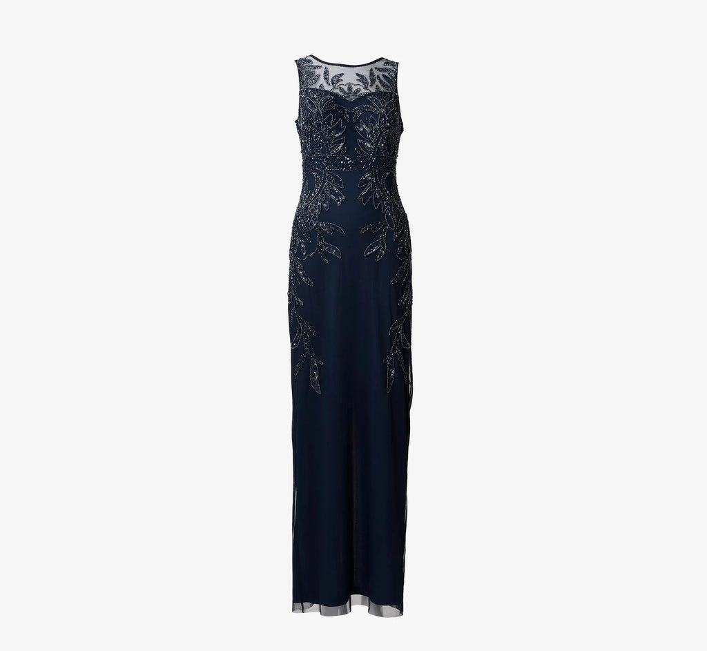 Auspros Hand-Beaded Sleeveless Slim Column Gown In Midnight