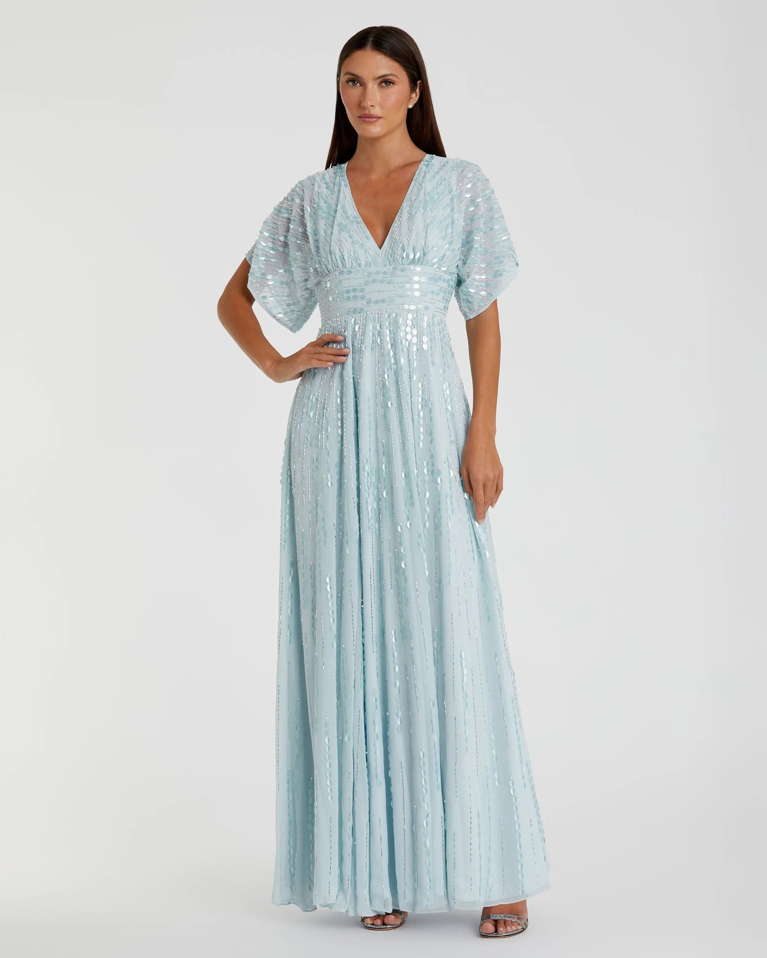 Blue Embellished V Neck Evening Gown