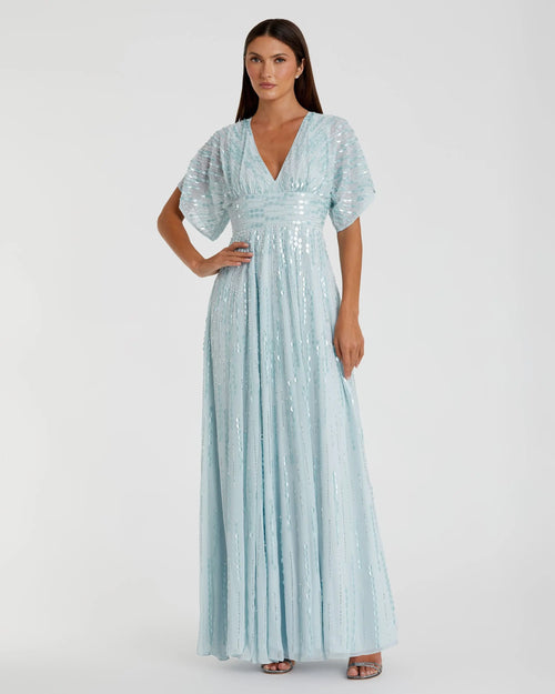 Blue Embellished V Neck Evening Gown