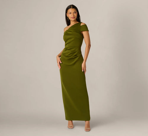 Asymmetrical Draped Column Gown In Jungle Olive