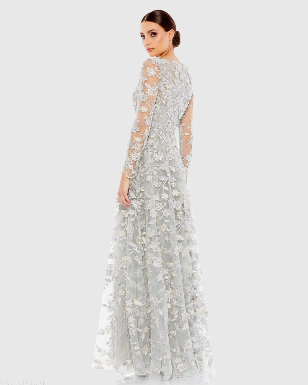 Gray Floral Applique Long Sleeve Illusion Gown
