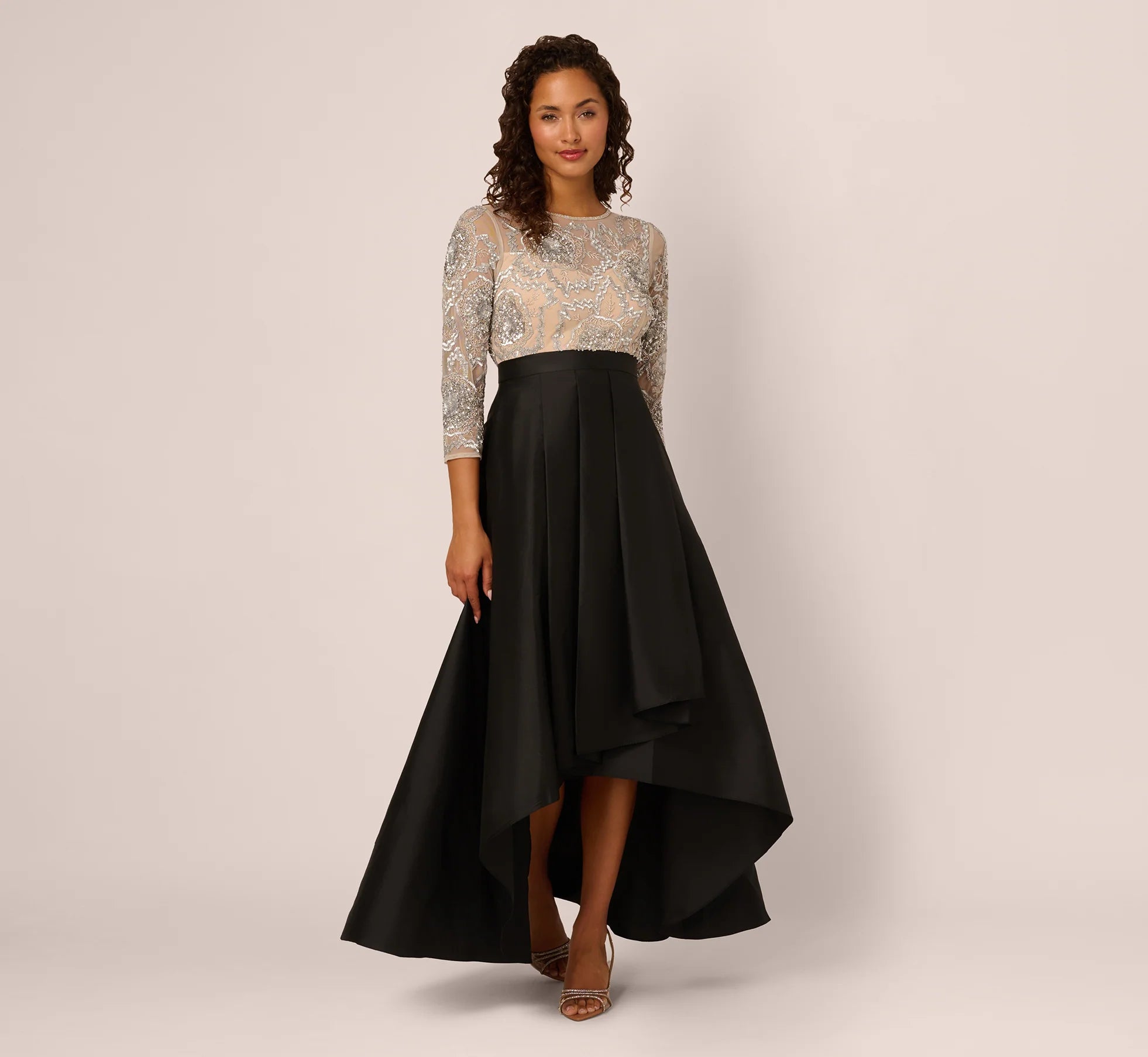 Three Quarter Sleeve Beaded Taffeta Combo Gown In Black Silver