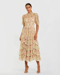 Beige Floral High Neck Midi Dress with Lace Trim