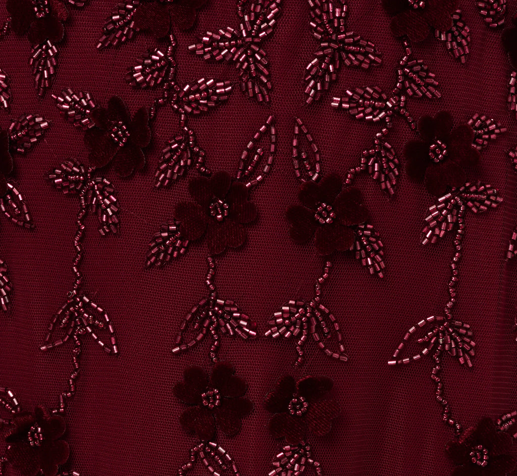 Velvet Floral Beaded Gown With Sheer Tank Straps In Mahogany