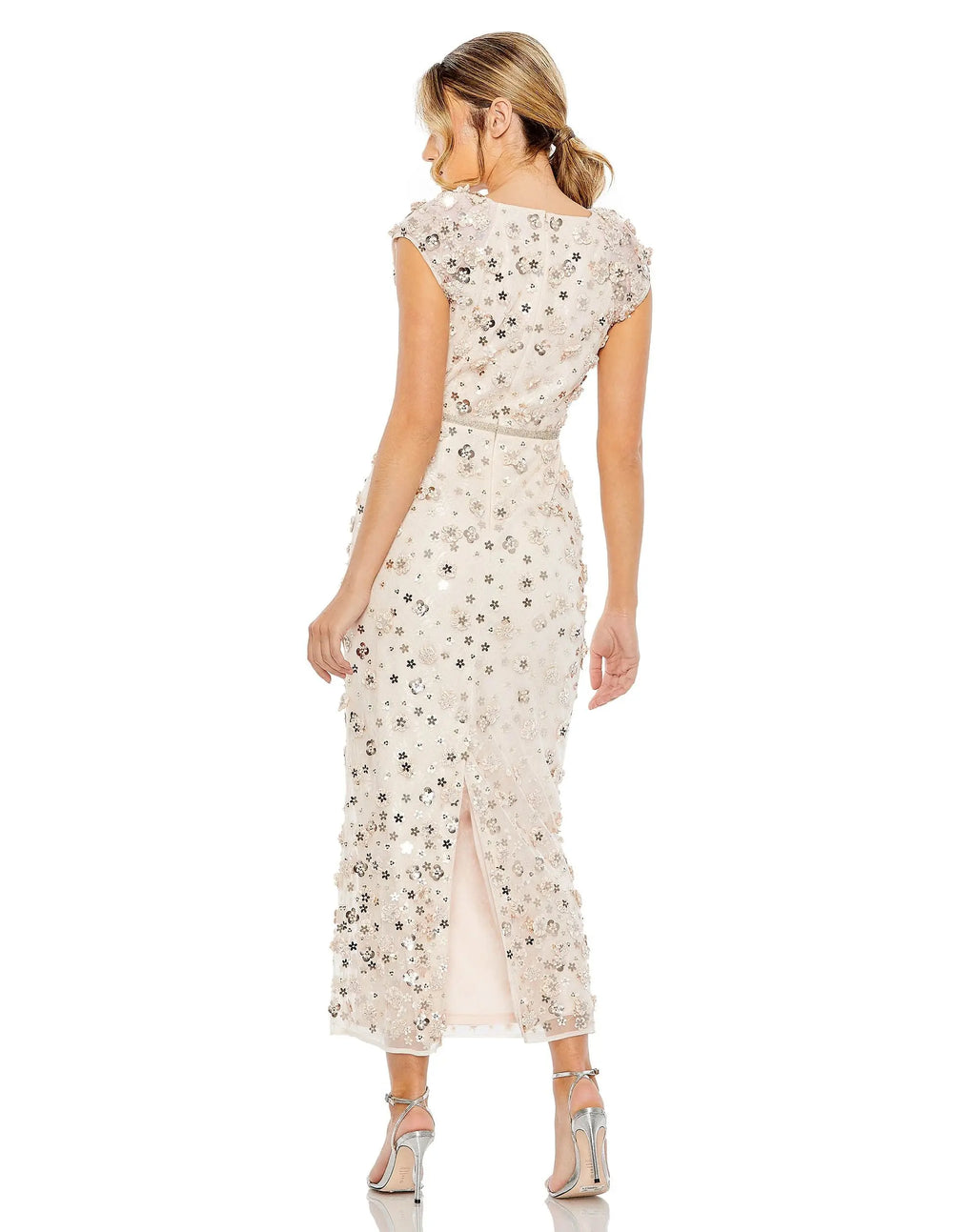 Light Pink Floral Applique Cap Sleeve Sheath Dress
