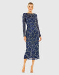 Navy High Neck Long Sleeve Embellished Dress