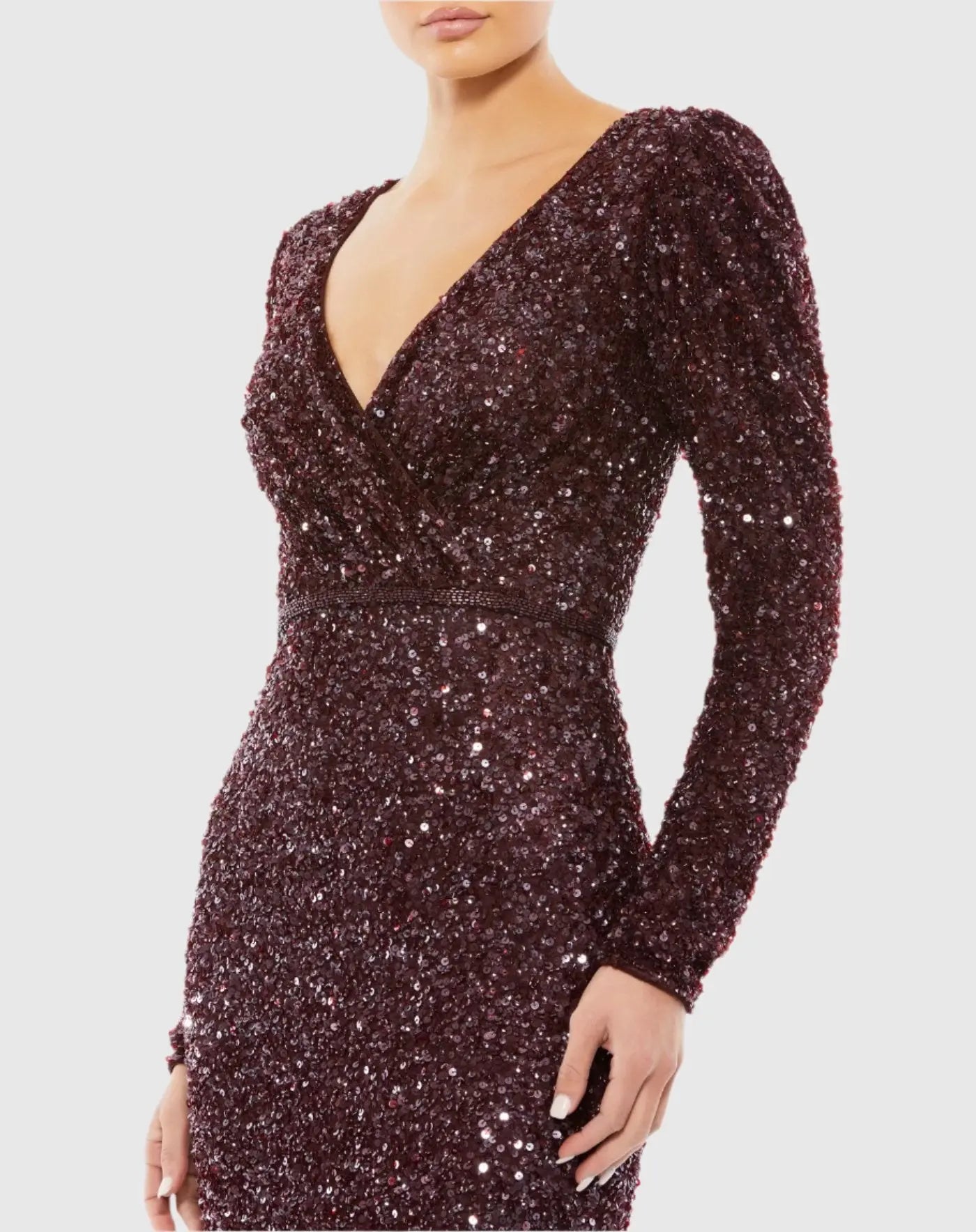 Red Puff Shoulder Sequined Surplice Gown