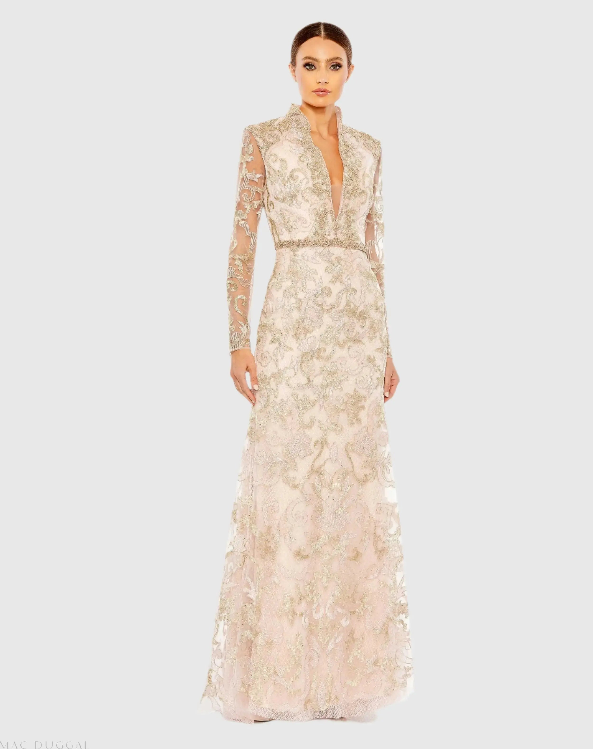 Pink Queen Anne Lace Long Sleeve V-Neck Trumpet Gown