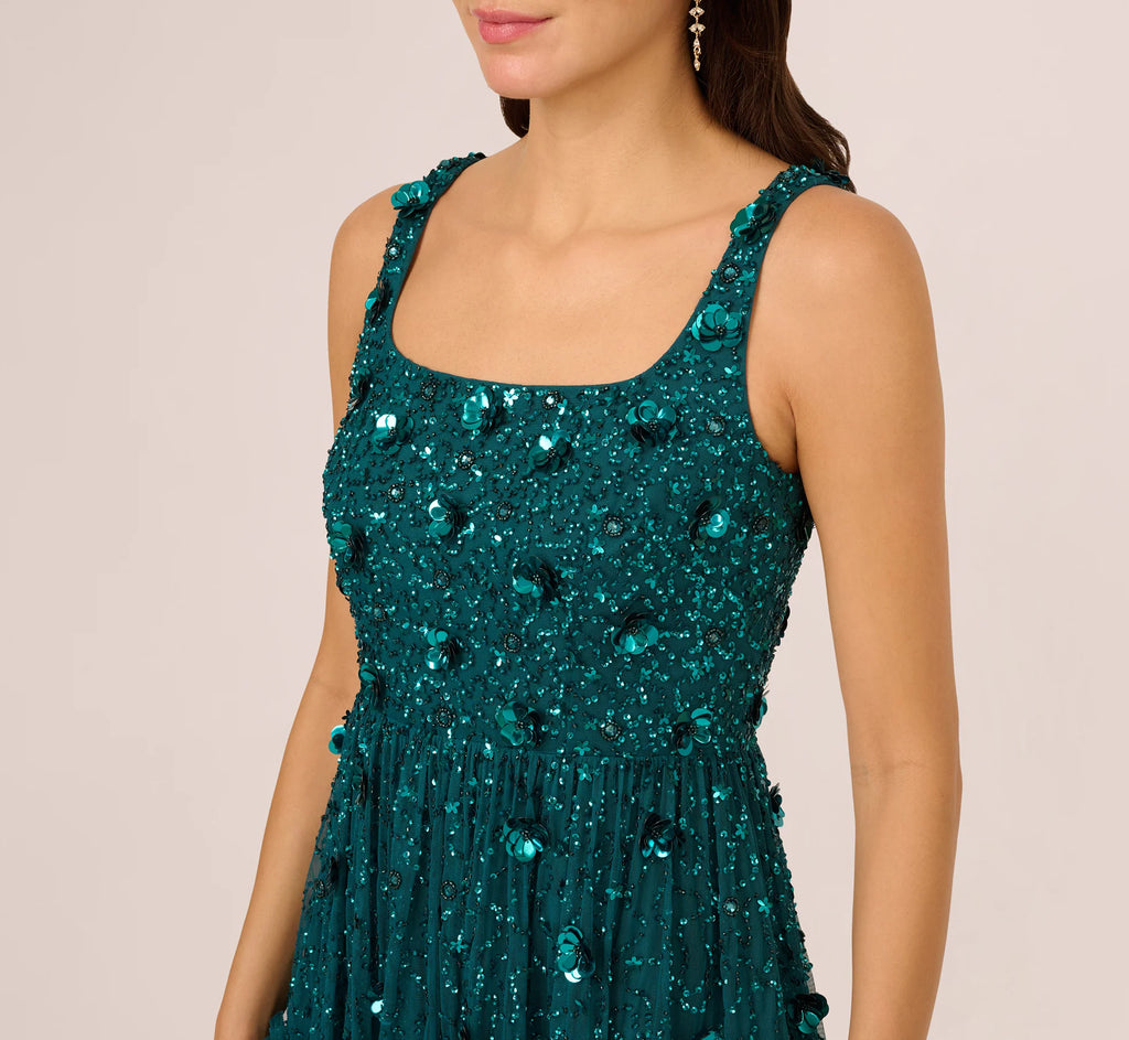 Sleeveless Floral Beaded Ruffle Midi Dress In Deep Azure