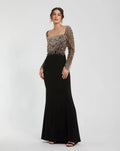 Black Beaded Square Neck Long Sleeve Jersey Gown