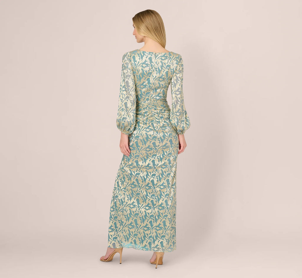 Long Sleeve Metallic Crinkle Drape Gown In Mint Gold