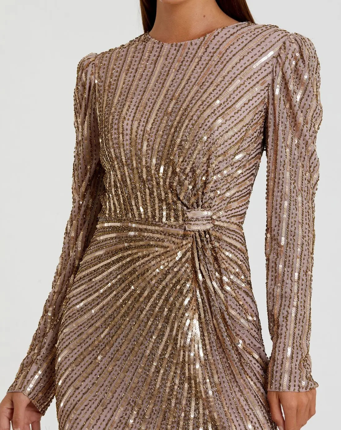 Brown Embellished Puff Sleeve Side Knot Gown