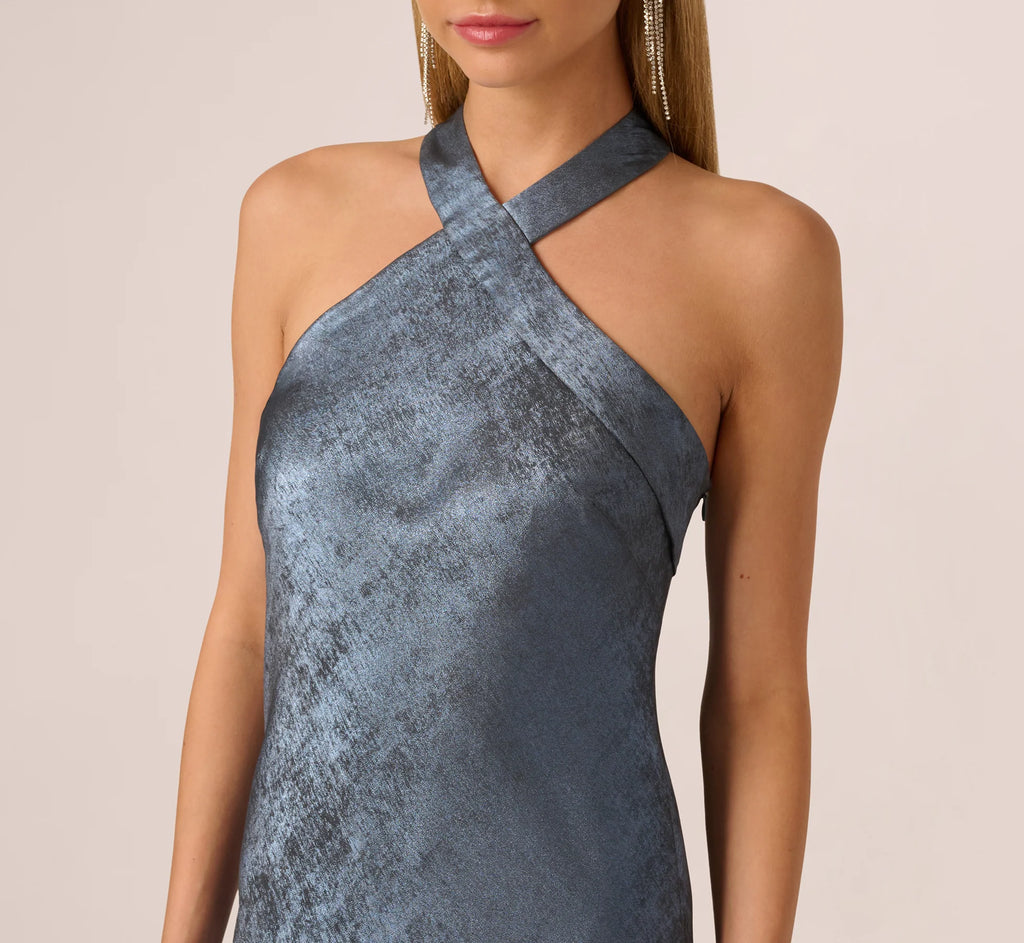 Foiled Mermaid Gown With Halter Neckline In French Blue