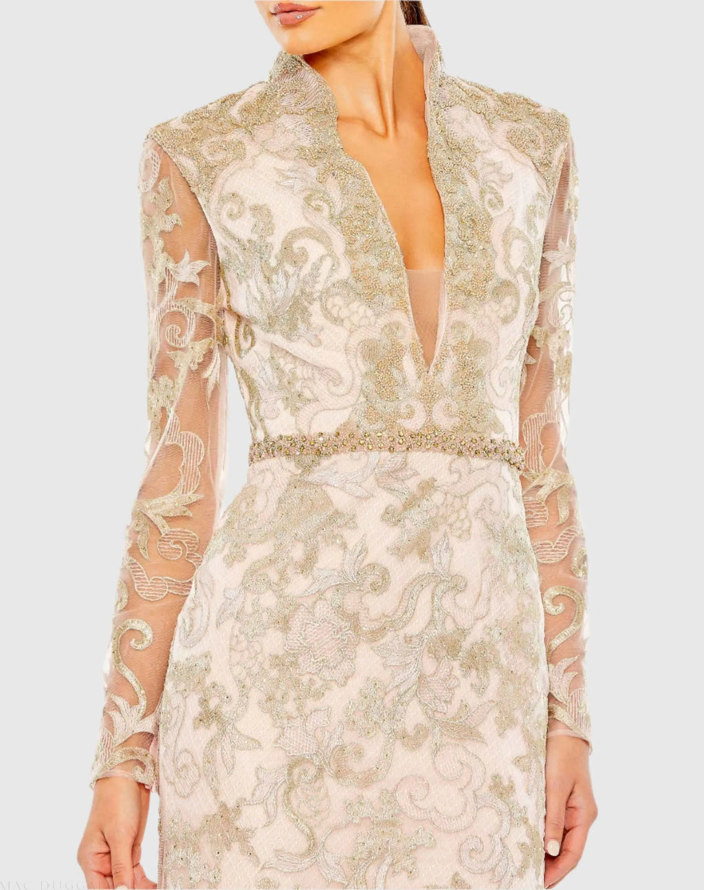 Pink Queen Anne Lace Long Sleeve V-Neck Trumpet Gown