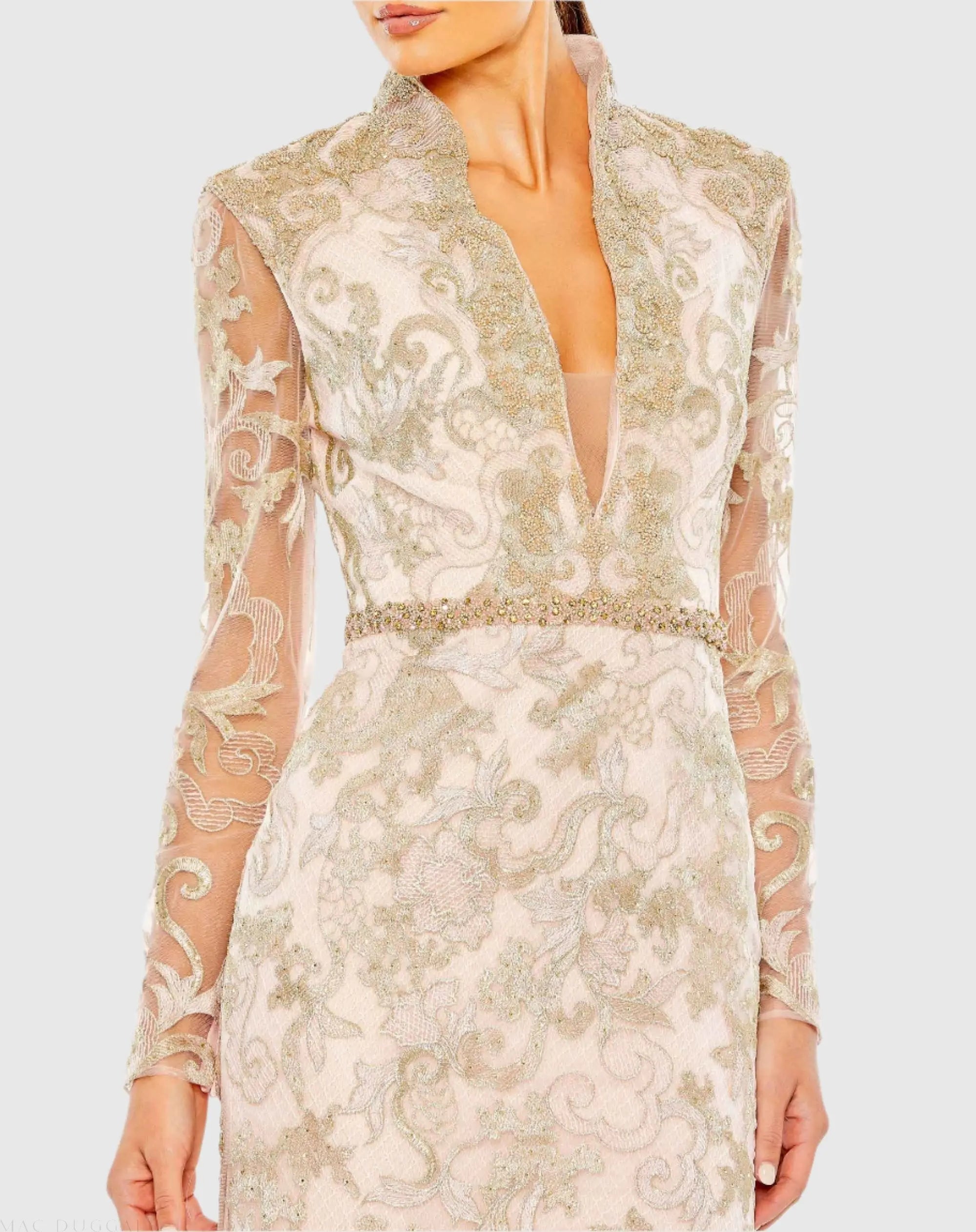 Pink Queen Anne Lace Long Sleeve V-Neck Trumpet Gown