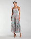 Blue Strapless Floral Ruffle Dress