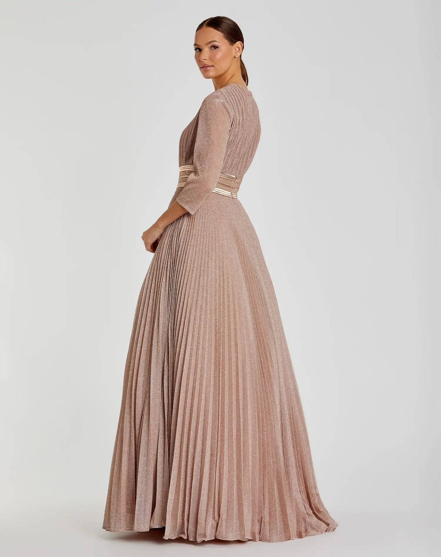 Pink Shimmering Pleated 3/4 Sleeve Ball Gown