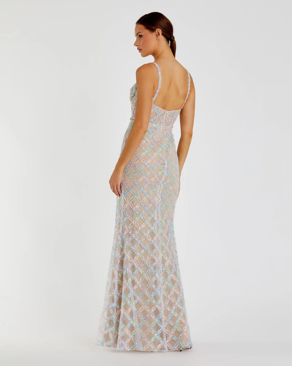 Beige Multicolor Pearl Embellished Bustier Column Gown