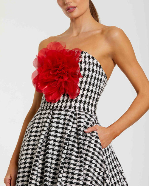 Black and White Strapless Boucle A Line Midi Dress With 3D Flower