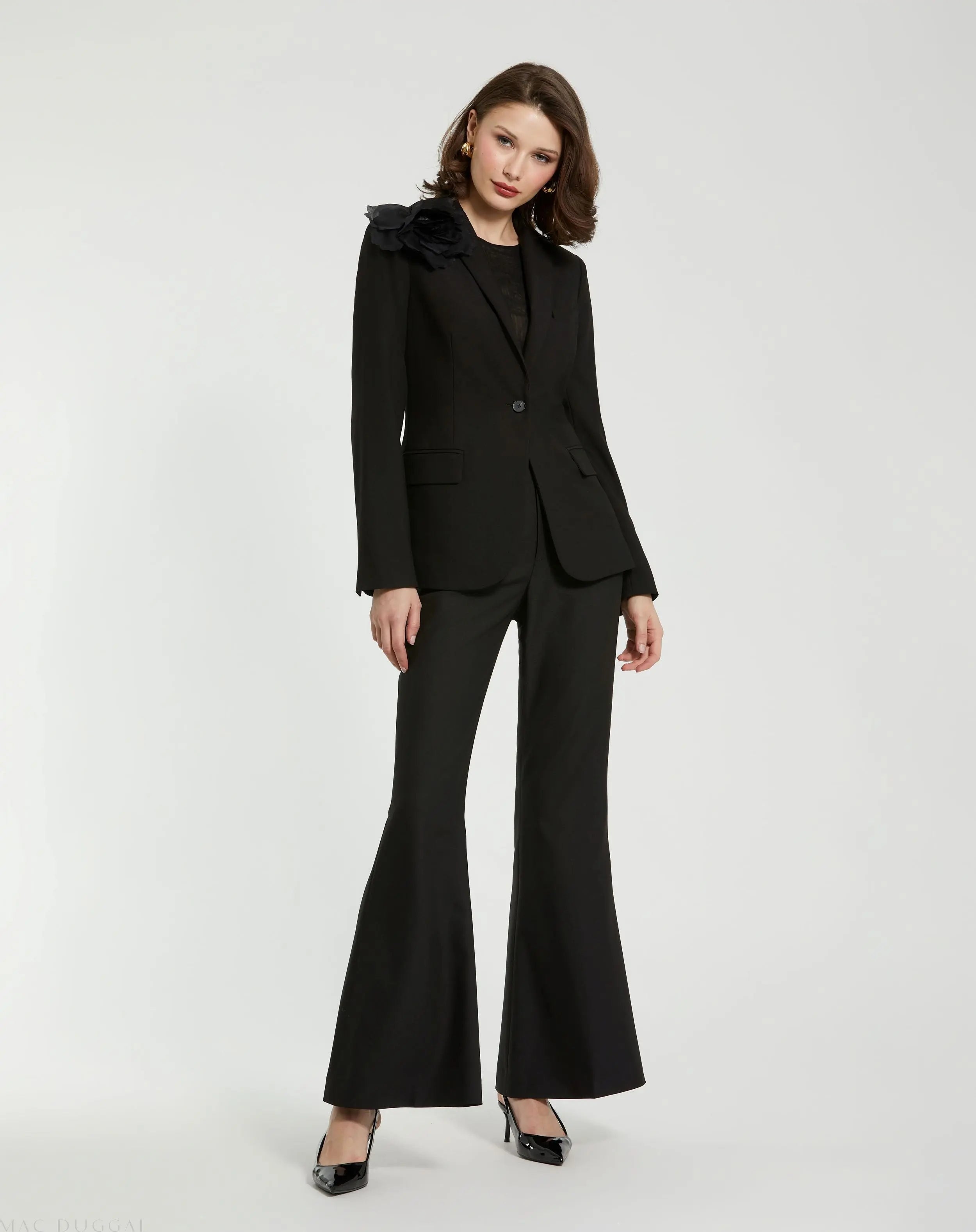 Black Classic Crepe Blazer Jacket With Flower