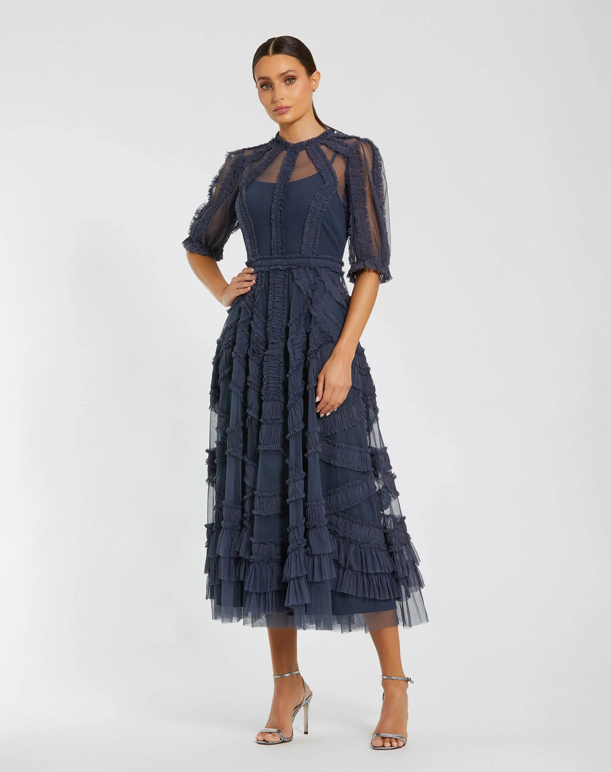 High Neck Micro Ruffle Tiered Midi Dress