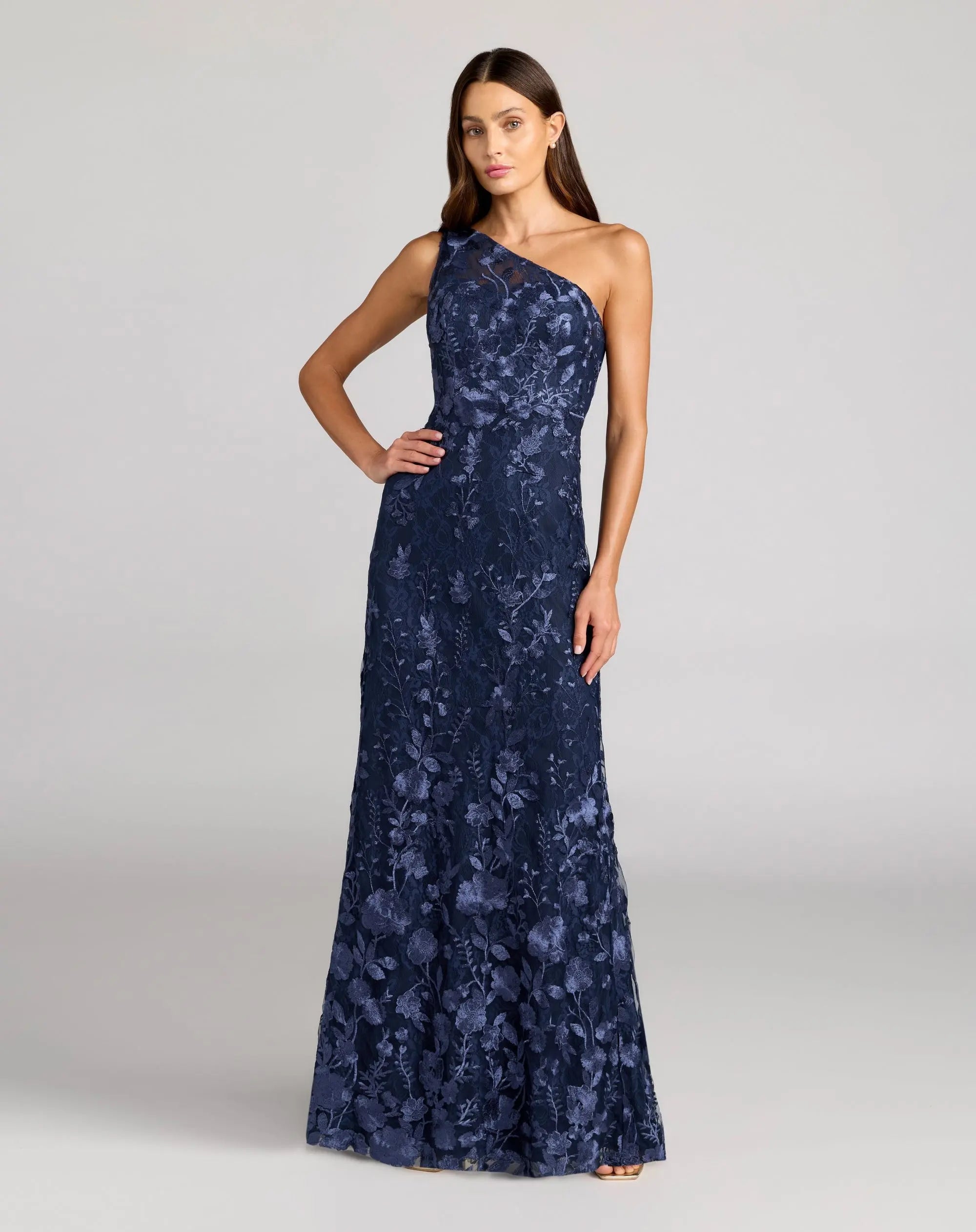One Shoulder Floral Embroidered Gown