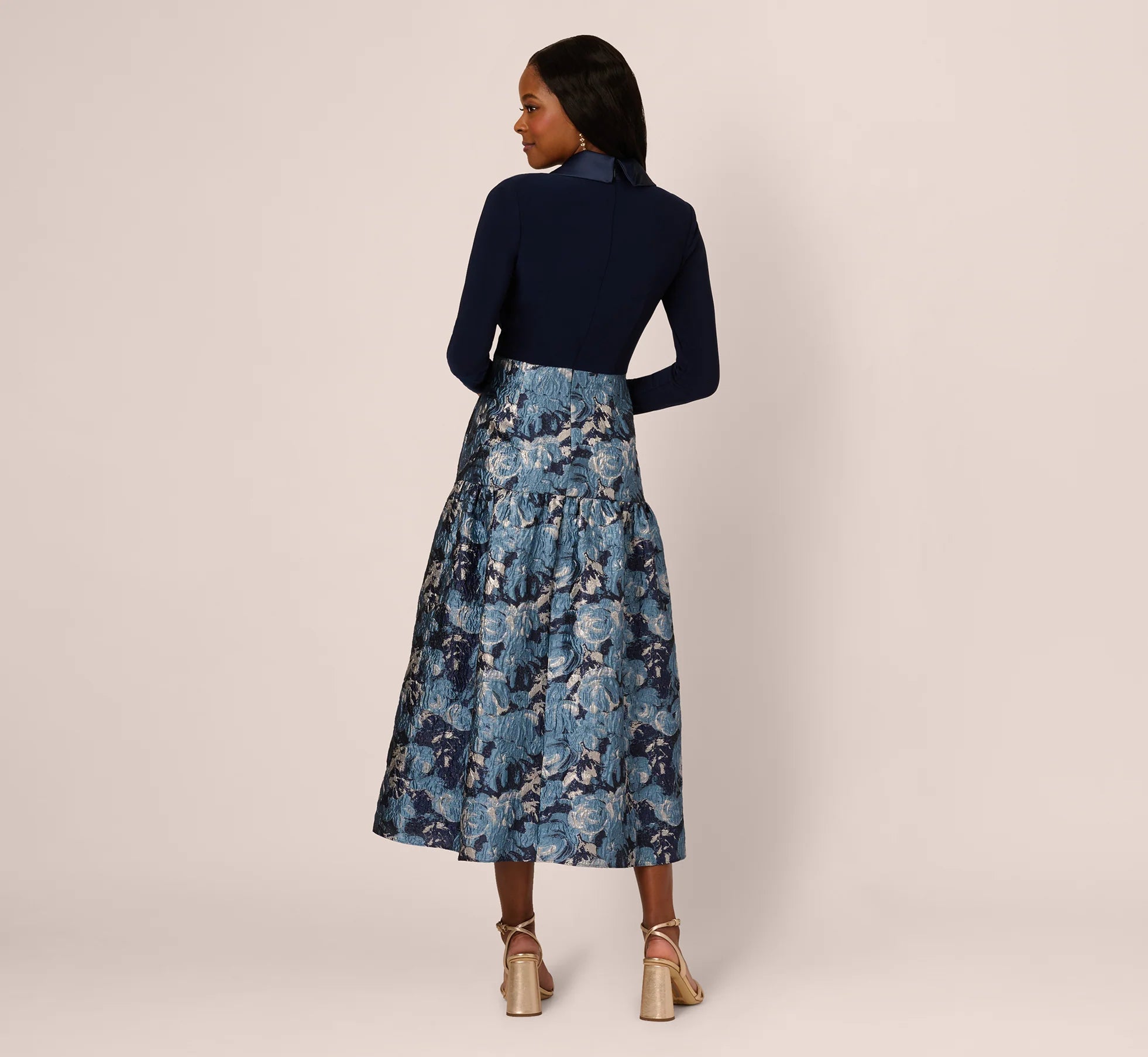 Long Sleeve Tuxedo Jacquard Combo Gown In Midnight Multi