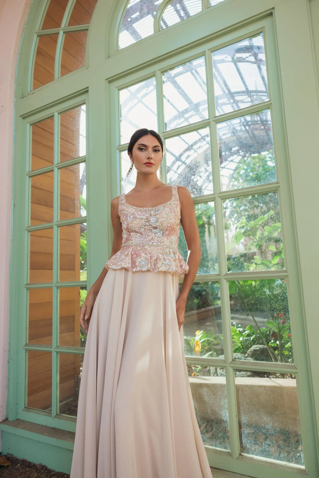 Beige Embroidered Peplum Top With Chiffon Skirt Gown