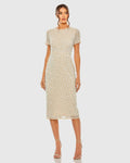 Beige High Neck Short Sleeve Embellished Midi Sheath Dress