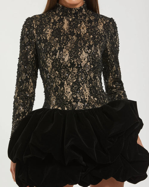 Black Mock Neck Long Sleeve Lace And Velvet Mini Dress