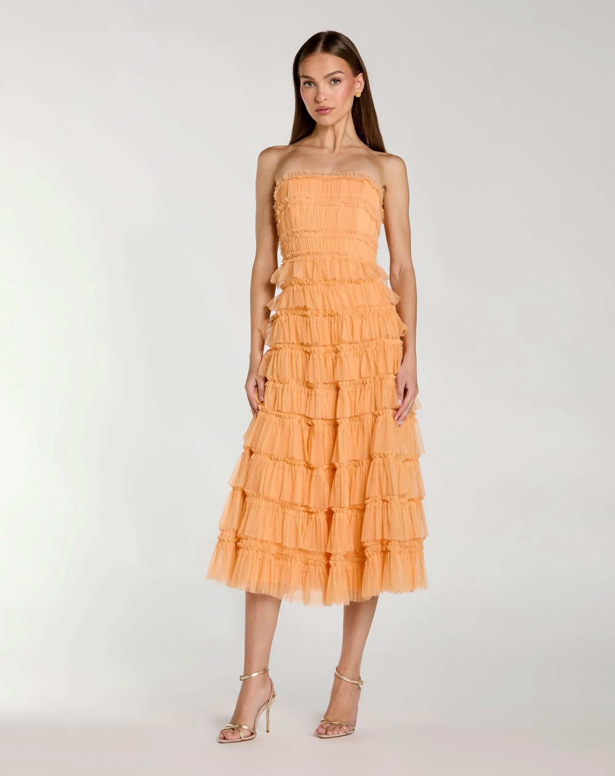 Orange Micro Ruffle Strapless Midi Dress