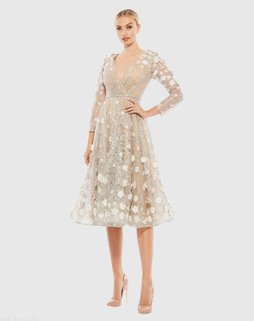 Beige Floral Embellished Lace A-Line Cocktail Dress