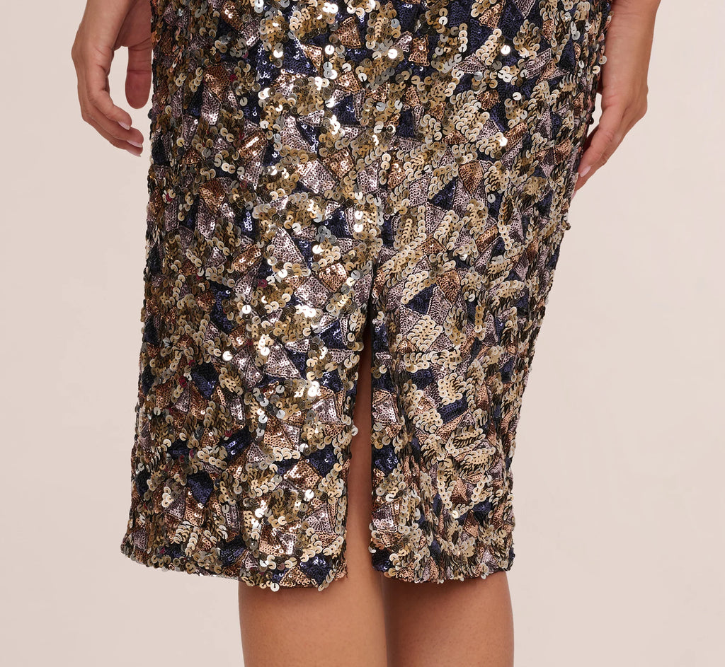 Strapless Sequin Midi Sheath Dress In Multi