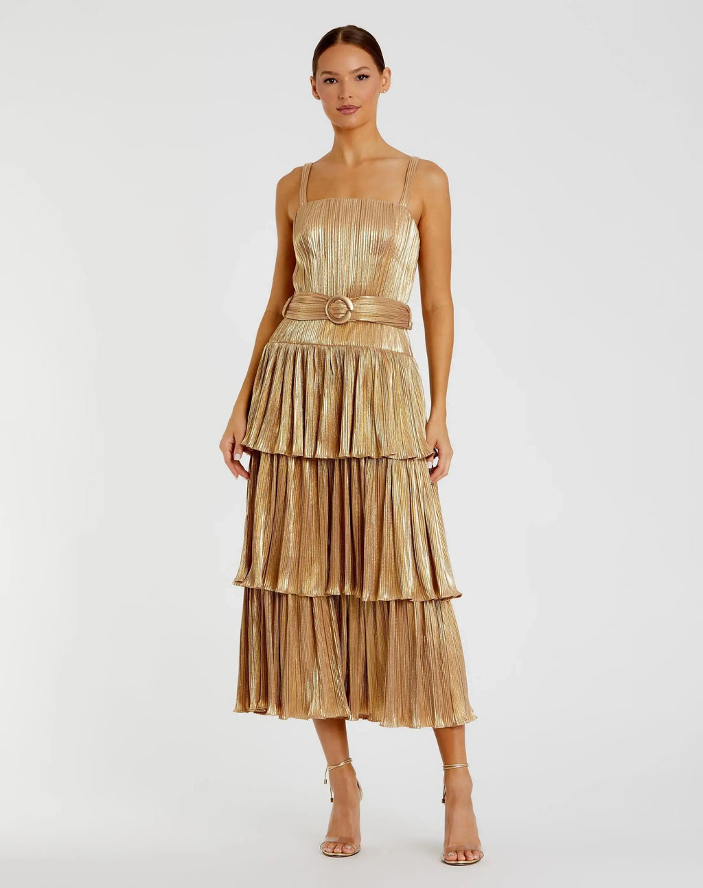 Gold Ruffle Tiered Buckle Detail Dress