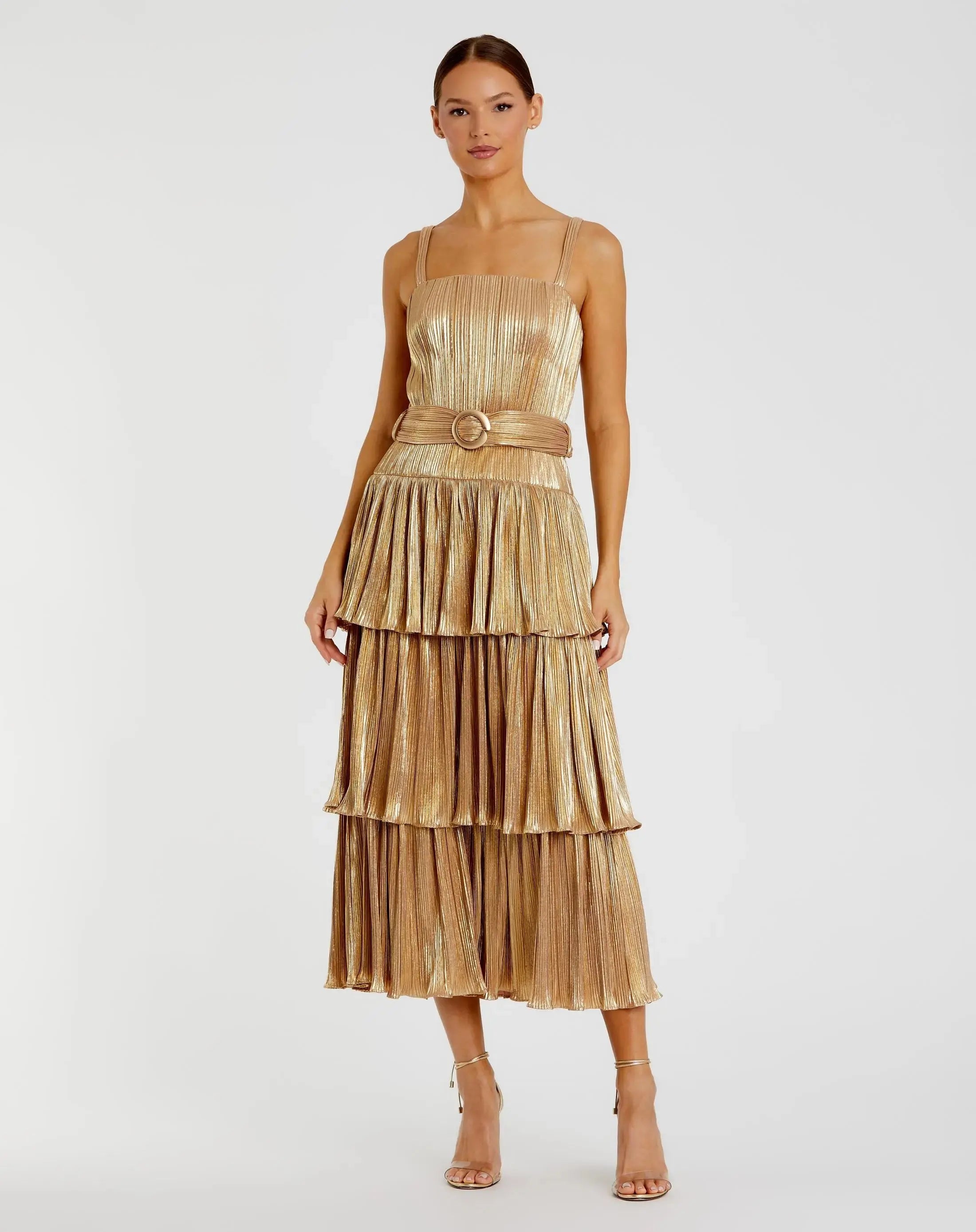 Gold Ruffle Tiered Buckle Detail Dress