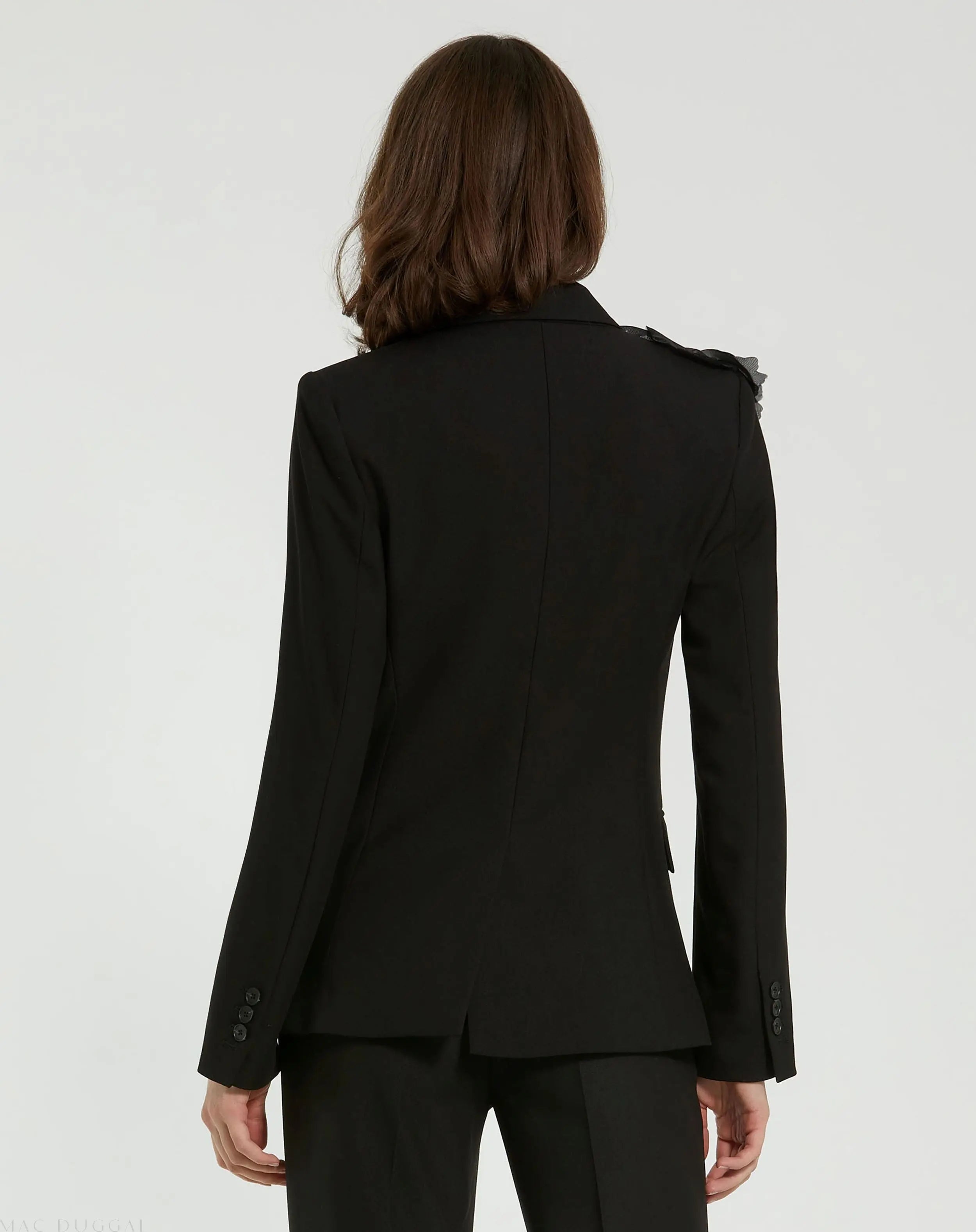 Black Classic Crepe Blazer Jacket With Flower