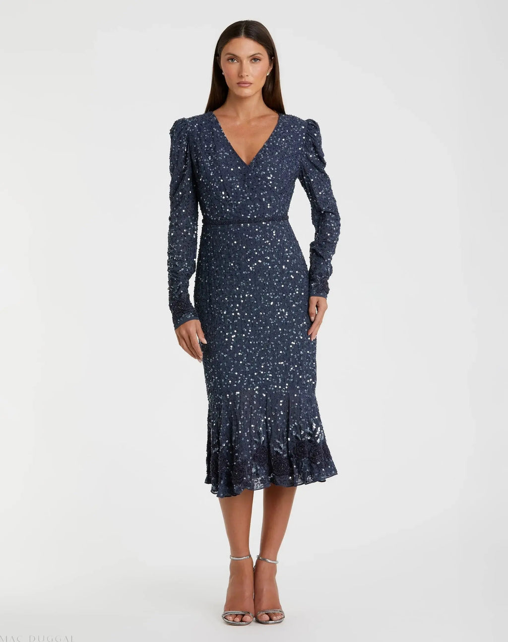 Blue Sequin Dress with Embellished Hemline and Belt
