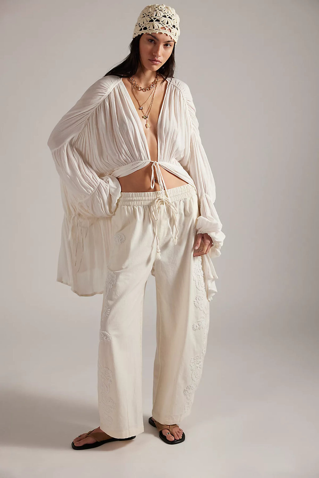 Lex Embroidered Pull-On Barrel Pants