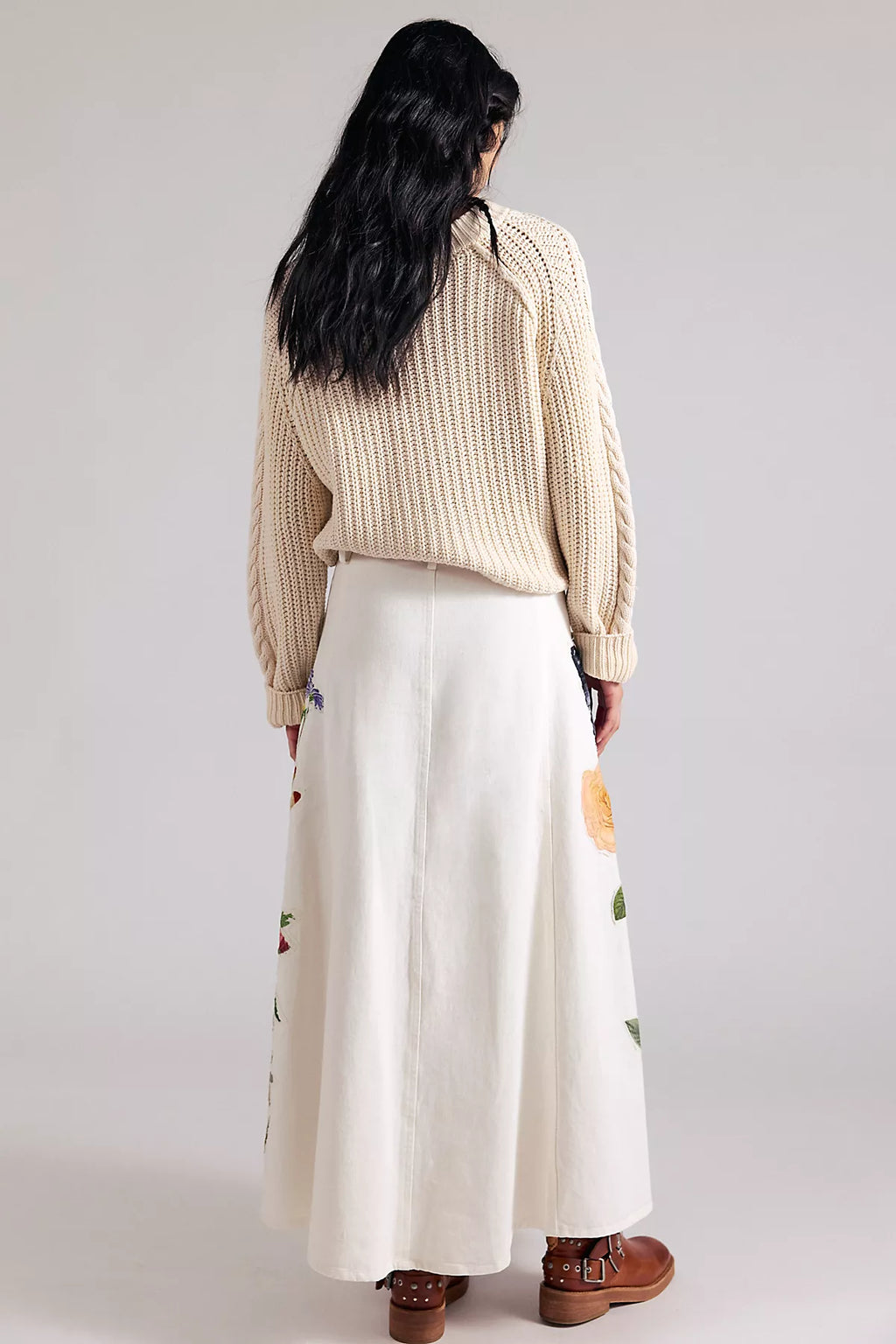 Denim And Bone Floral Denim Maxi Skirt