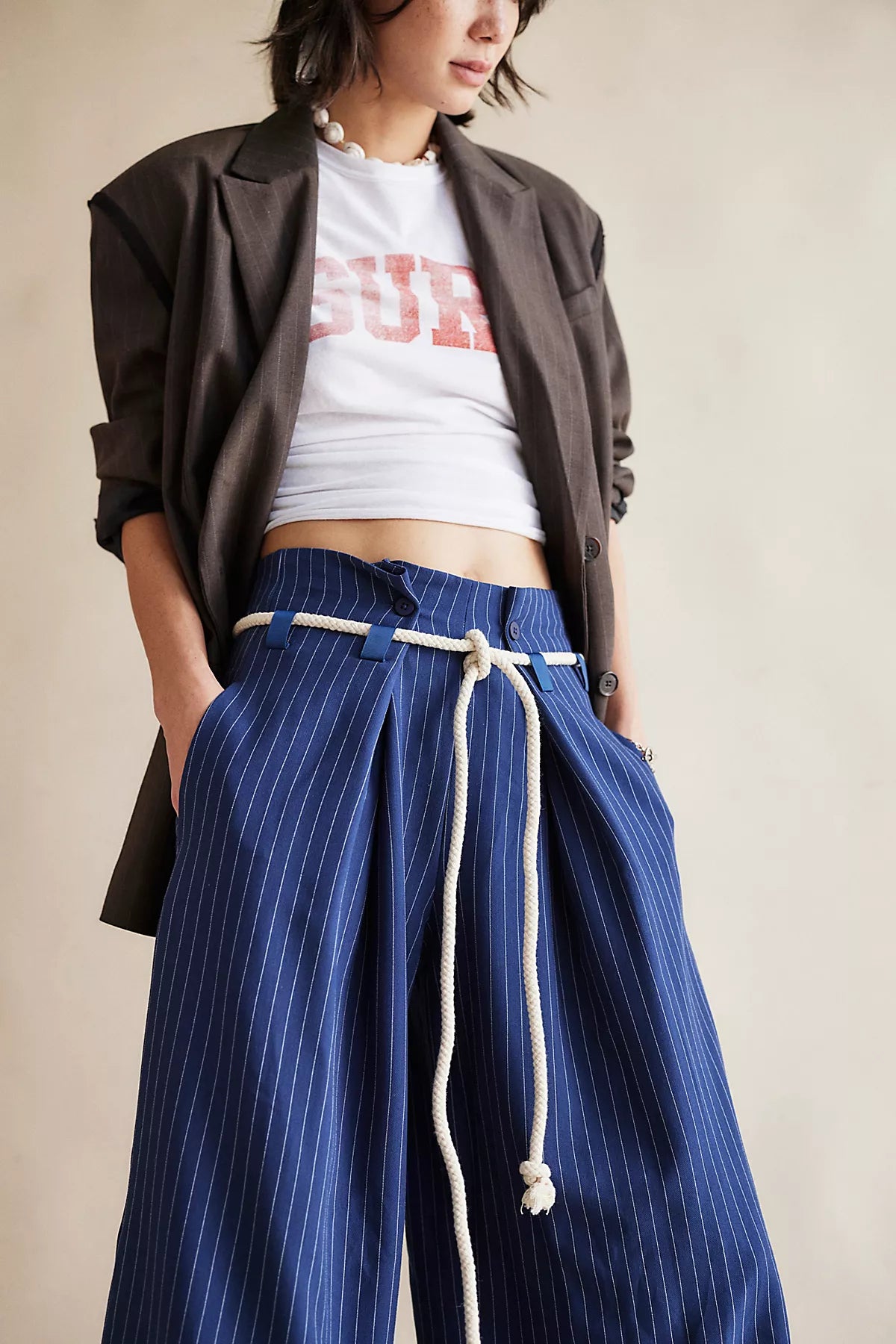 Dimes Tie Pinstripe Wide-Leg Trousers