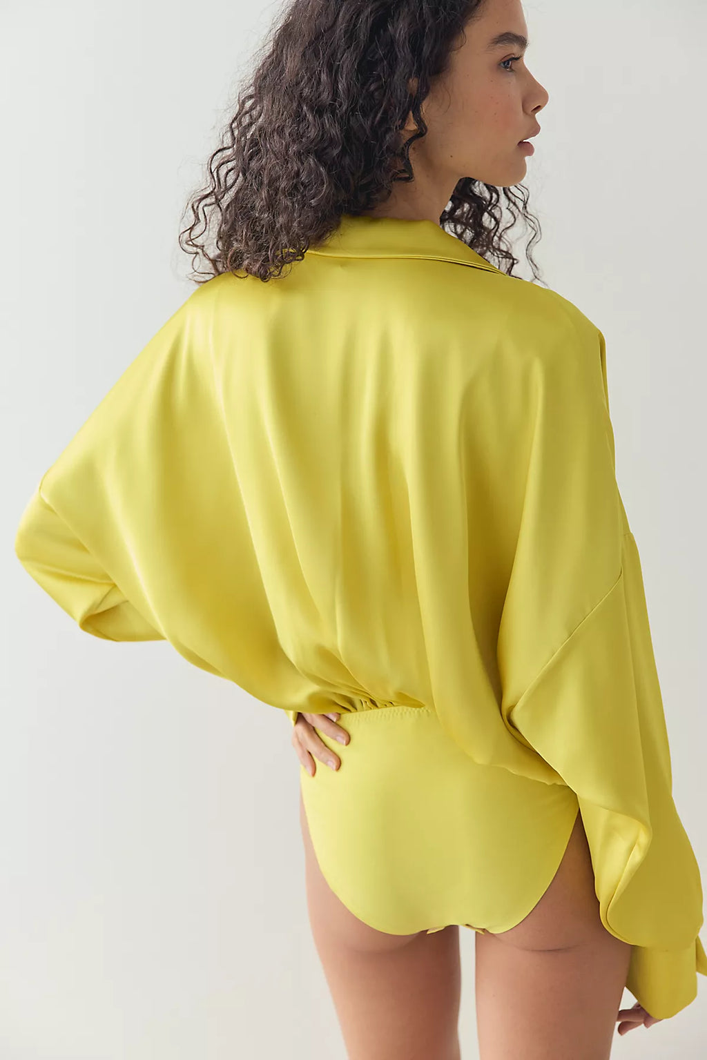 Norma Kamali Satin Super Oversized Boyfriend Shirt Bodysuit