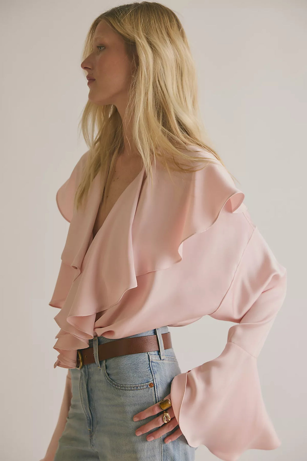 Norma Kamali Long Sleeve Deep V Ruffle Bodysuit